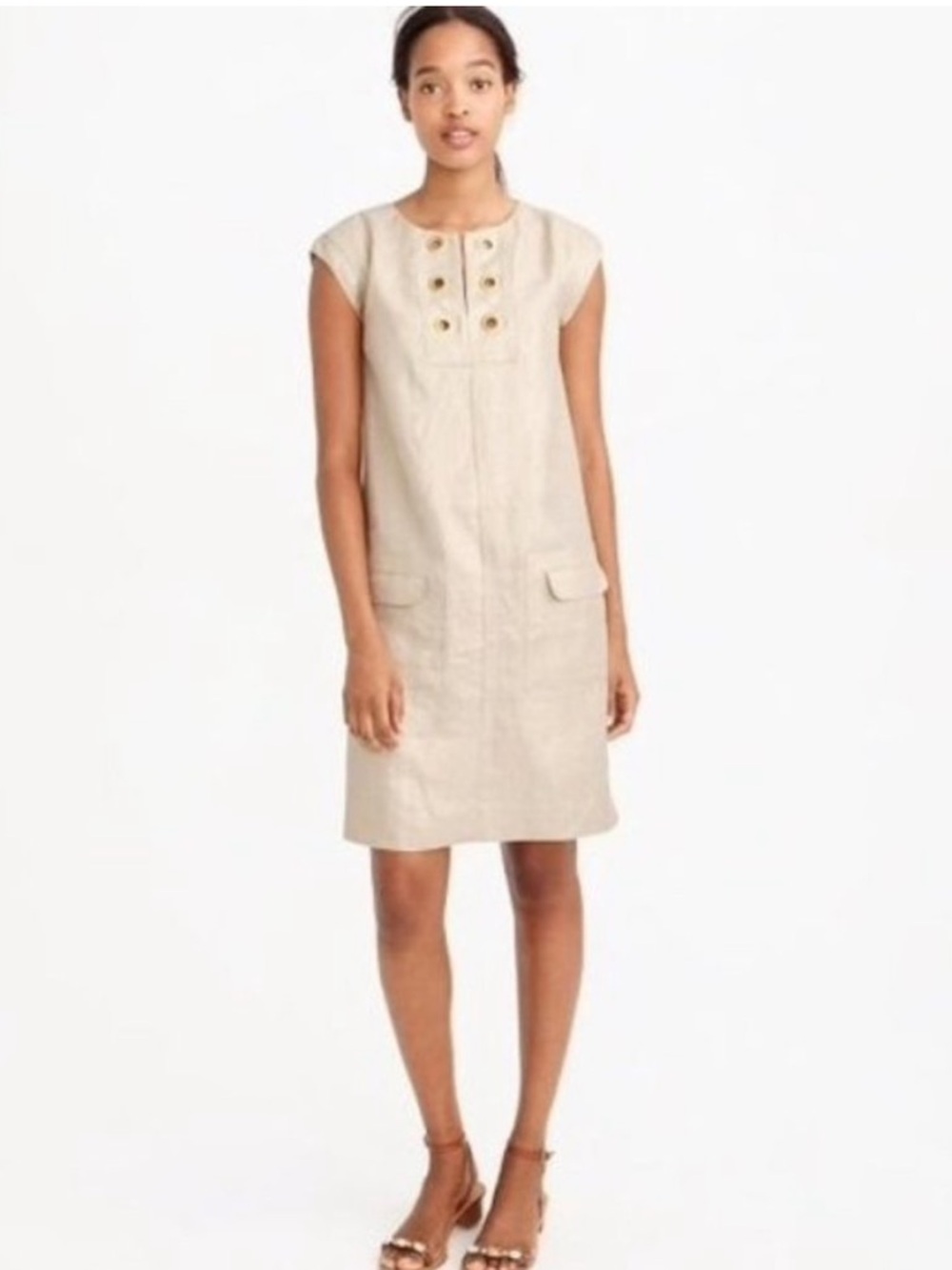 NWT J.Crew 100% linen metallic shift dress with large golden grommets summer